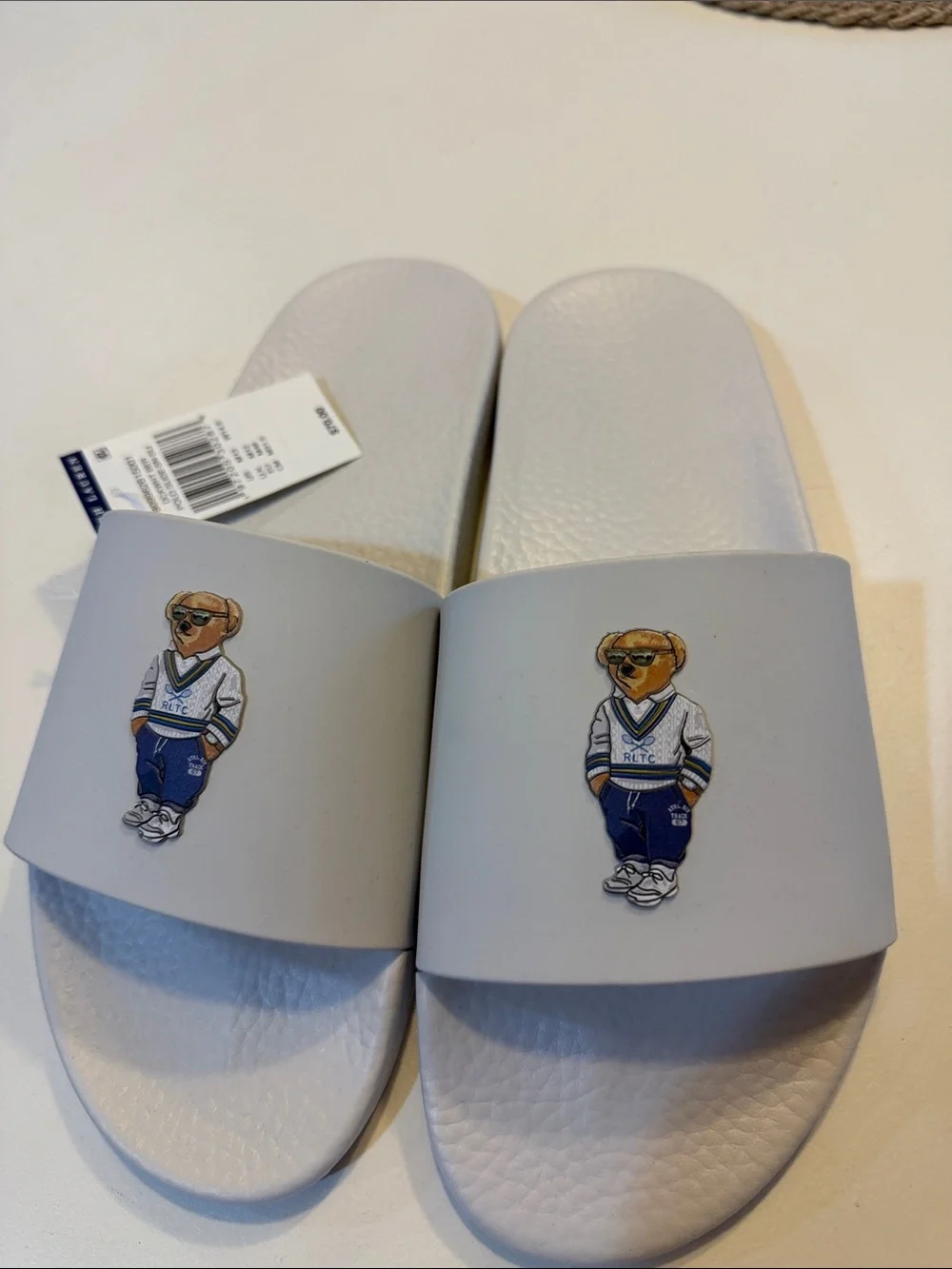 Ralph Lauren Mens White Slide Sandals with Polo Bear Graphic Sz 13.  New. Box28